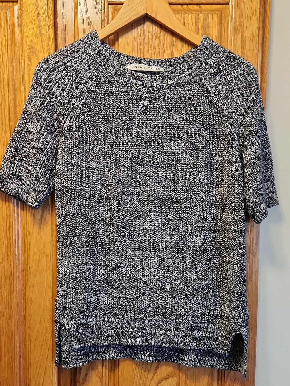 Trina Turk Black and White Marled Short-Sleeve Crew Sweater